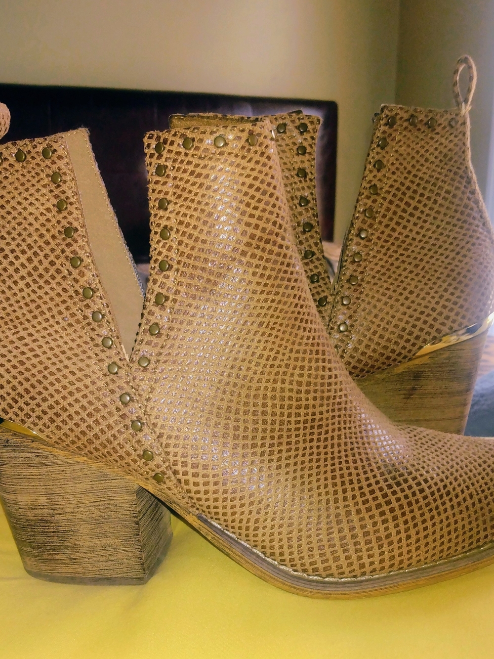Tan Studded Textured Ankle Boots - Women's Fashion Booties